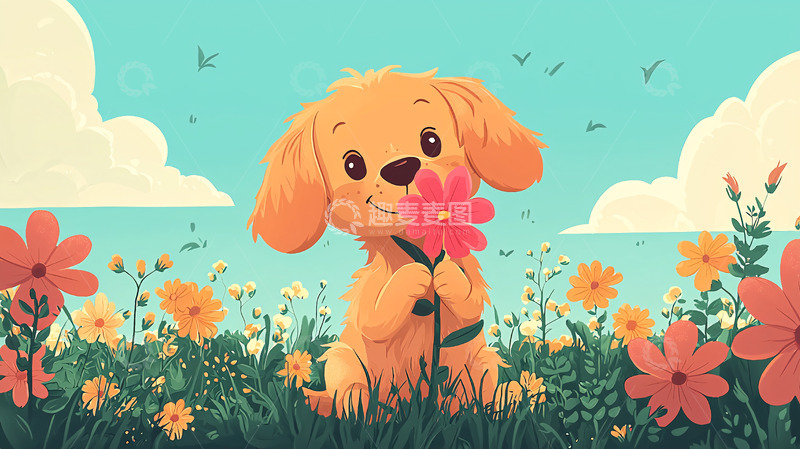 高清大图下载【趣麦麦图】可爱小狗闻花