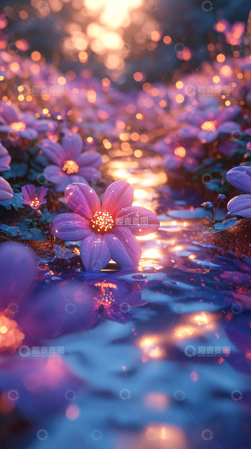高清大图下载【趣麦麦图】梦幻紫色花田溪流