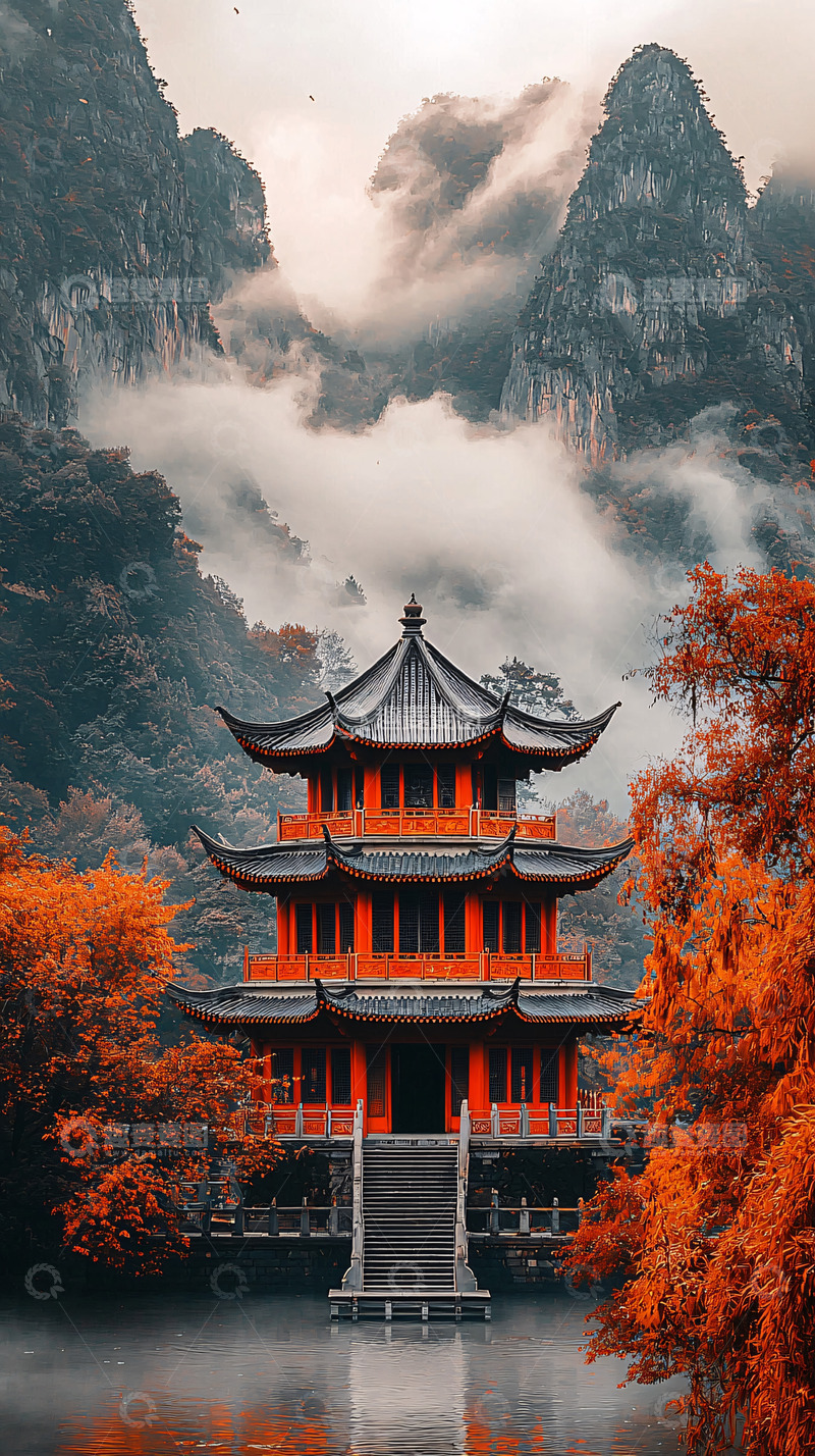 高清大图下载【趣麦麦图】红叶掩映下的中国传统建筑