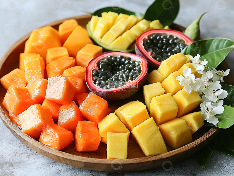 高清大图下载【趣麦麦图】木盘盛放的芒果百香果木瓜