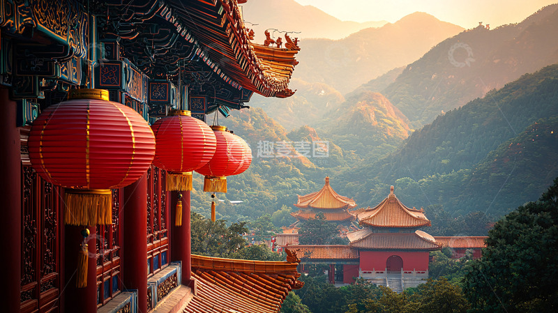 高清大图下载【趣麦麦图】红色灯笼下的山间寺庙