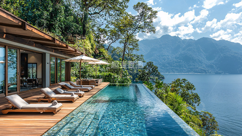 高清大图下载【趣麦麦图】湖边悬崖上的豪华泳池别墅