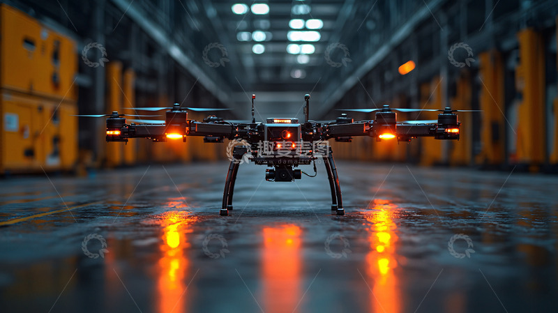 高清大图下载【趣麦麦图】工业厂房内黑色无人机