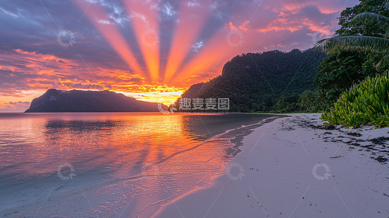 高清大图下载【趣麦麦图】海滩日落壮丽景象