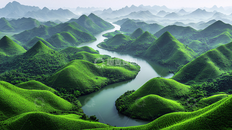 高清大图下载【趣麦麦图】绿水青山环绕绵延山峦