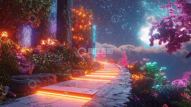 高清大图下载【趣麦麦图】奇幻森林夜景发光小路