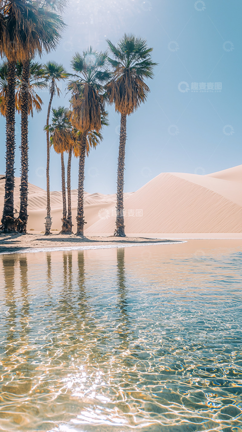 高清大图下载【趣麦麦图】沙漠绿洲棕榈树与水面的倒影