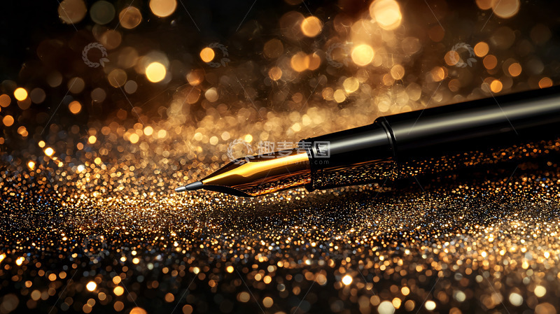 高清大图下载【趣麦麦图】金色闪光背景下的黑色钢笔