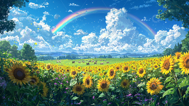 高清大图下载【趣麦麦图】彩虹下向日葵田