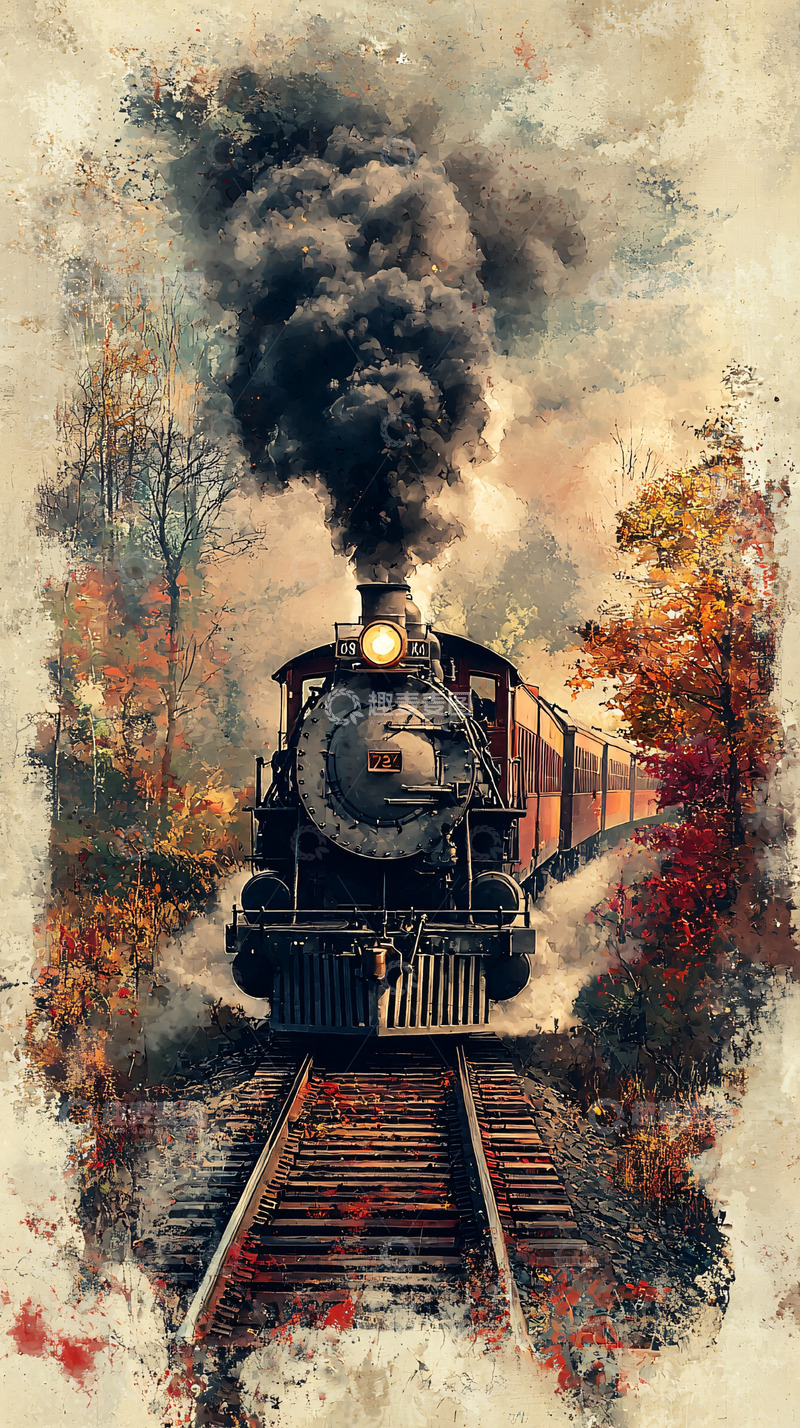 高清大图下载【趣麦麦图】蒸汽火车秋景图