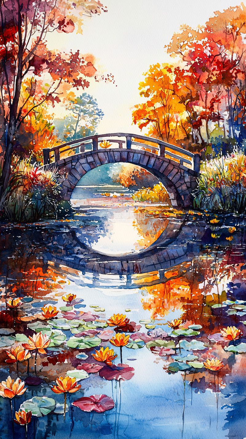 高清大图下载【趣麦麦图】秋日水面倒影石桥