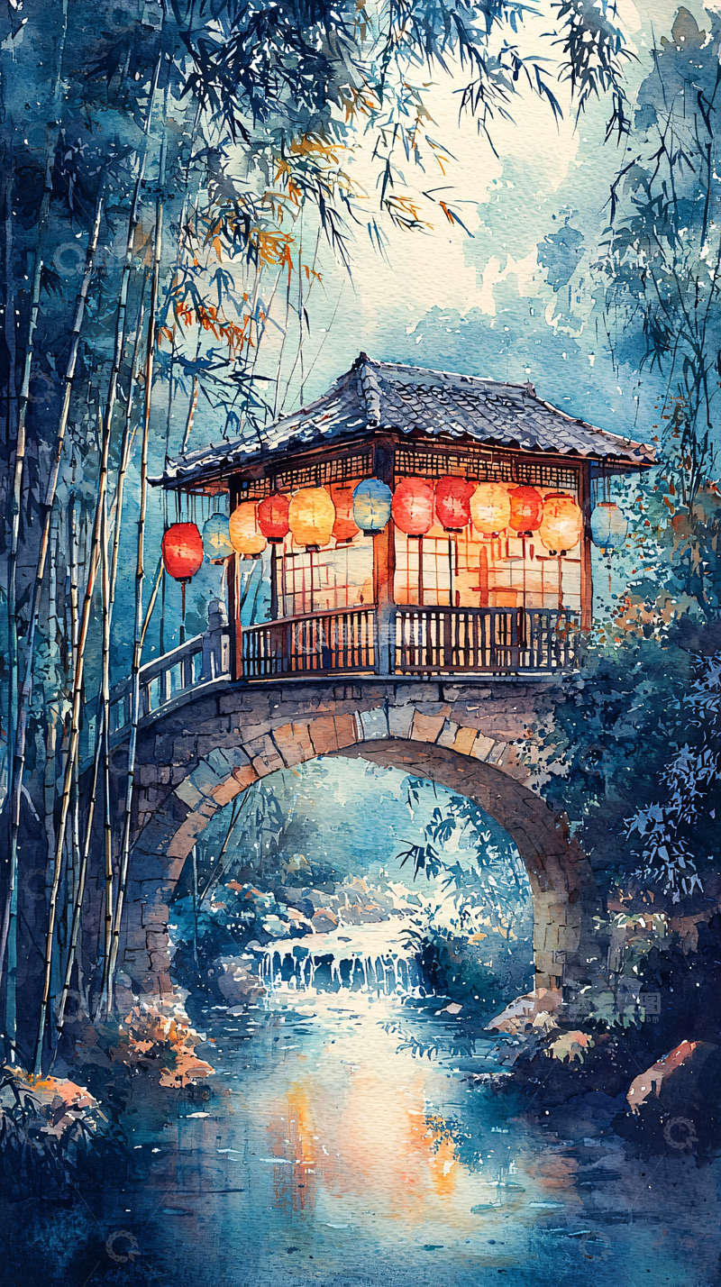 高清大图下载【趣麦麦图】水墨风桥上小屋灯笼