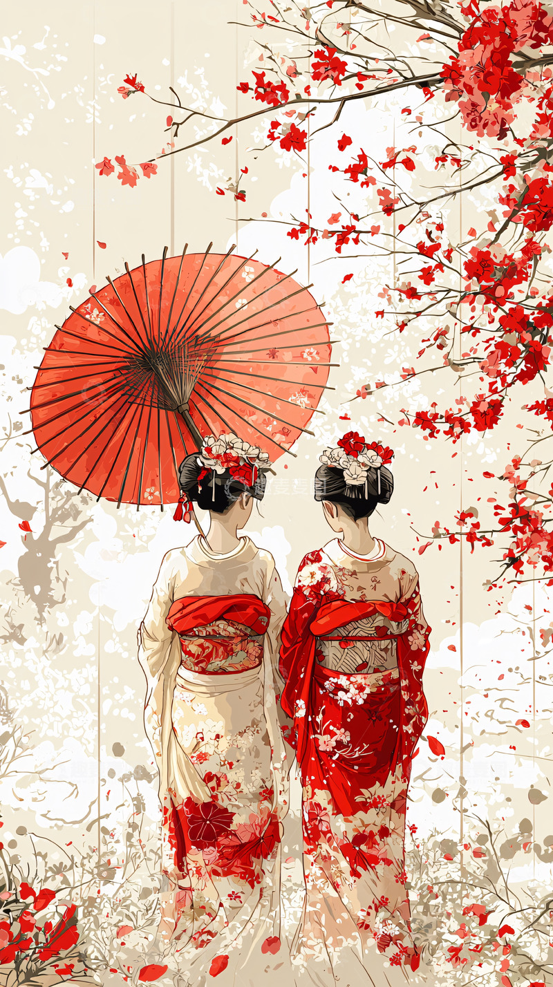 高清大图下载【趣麦麦图】和服女子樱花树下红伞