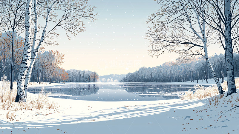 高清大图下载【趣麦麦图】冬日湖边白桦林