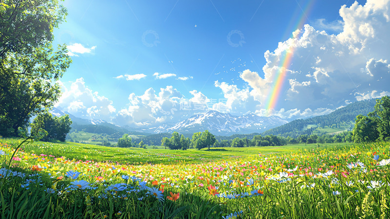 高清大图下载【趣麦麦图】阳光明媚的彩虹田园风光