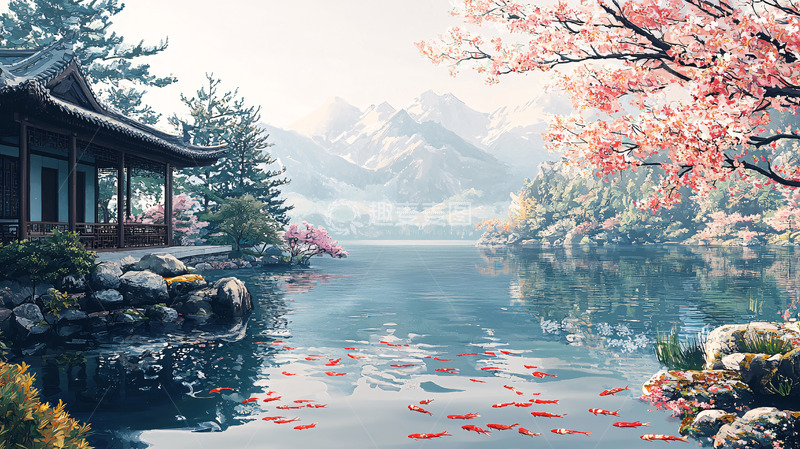 高清大图下载【趣麦麦图】湖边古建筑樱花山水画