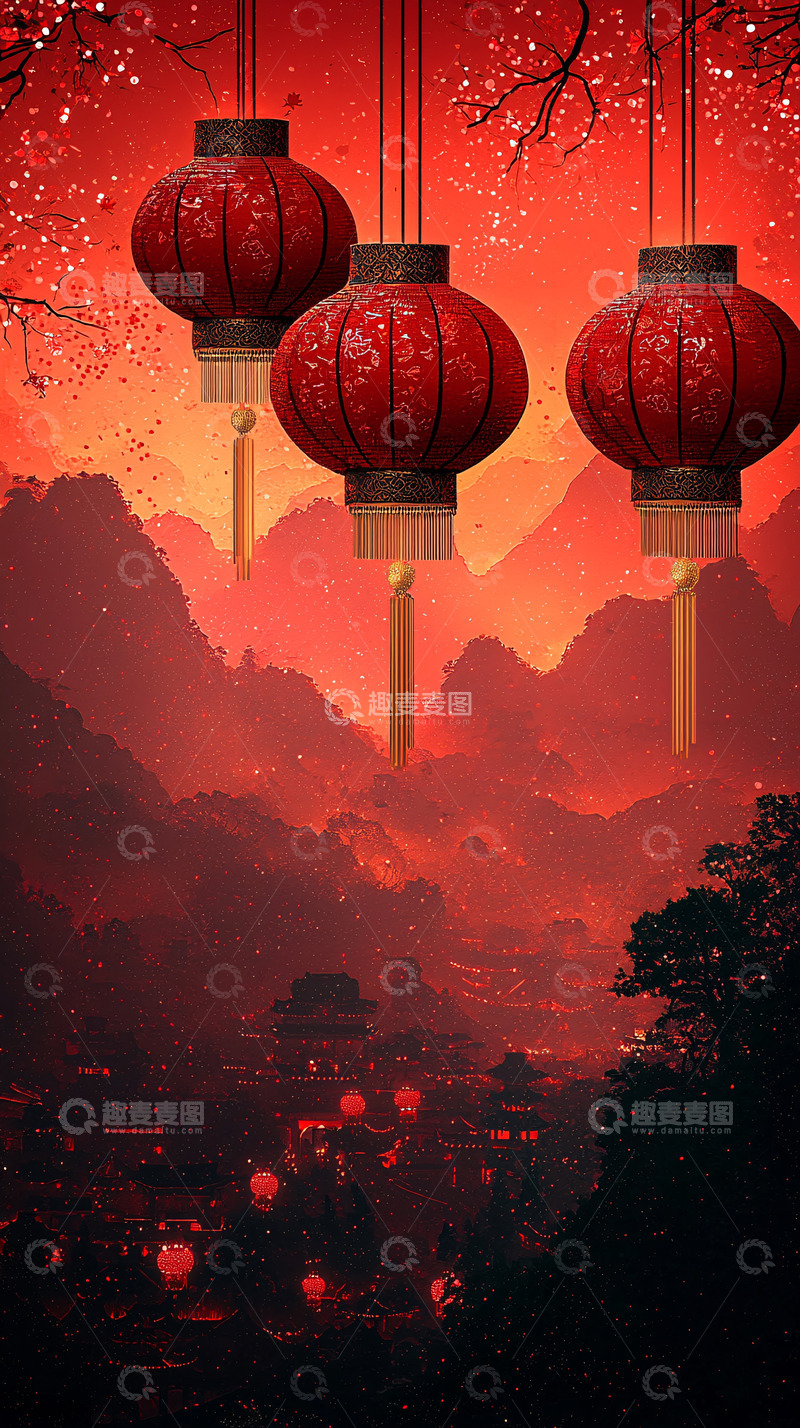 高清大图下载【趣麦麦图】红色灯笼悬挂在古镇上空