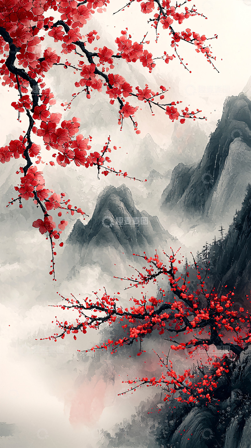 高清大图下载【趣麦麦图】红梅山水国画风格