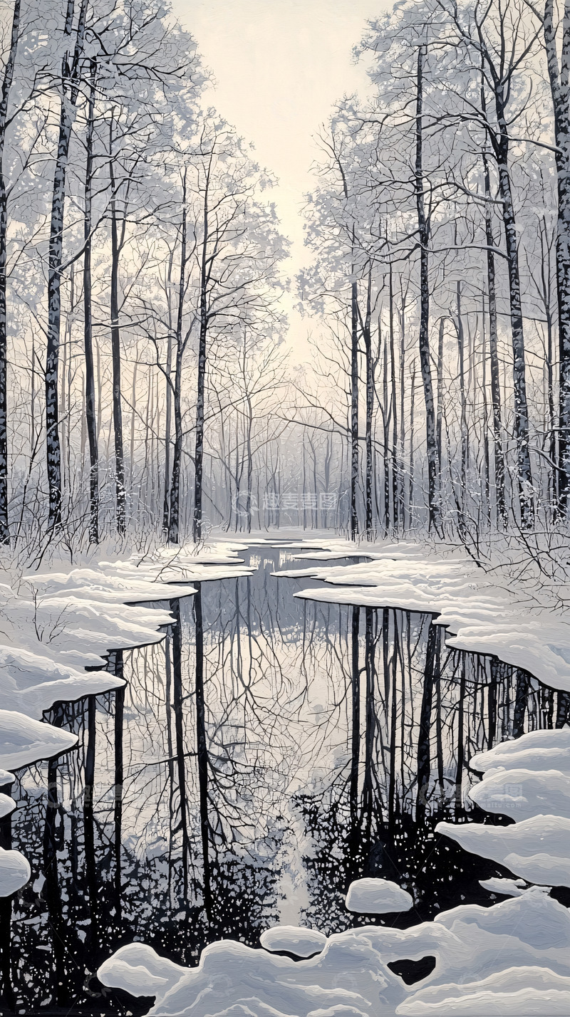 高清大图下载【趣麦麦图】冬日森林小溪倒影