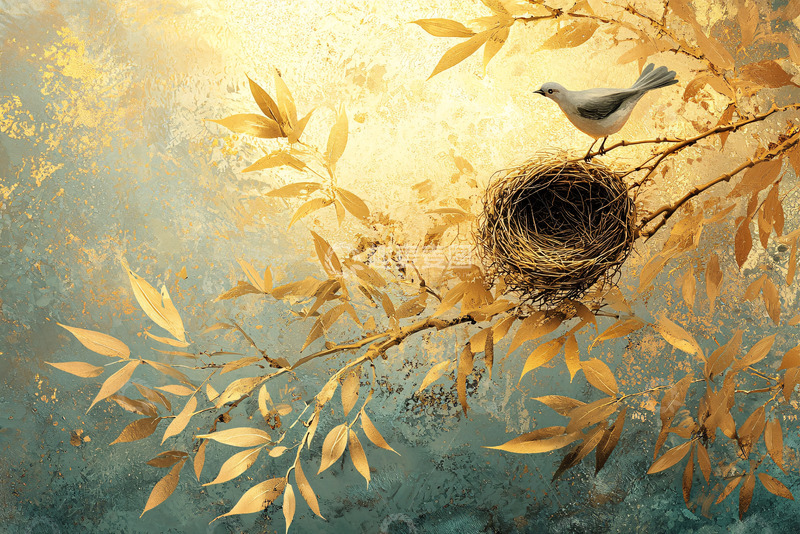 高清大图下载【趣麦麦图】金色树枝上的鸟巢