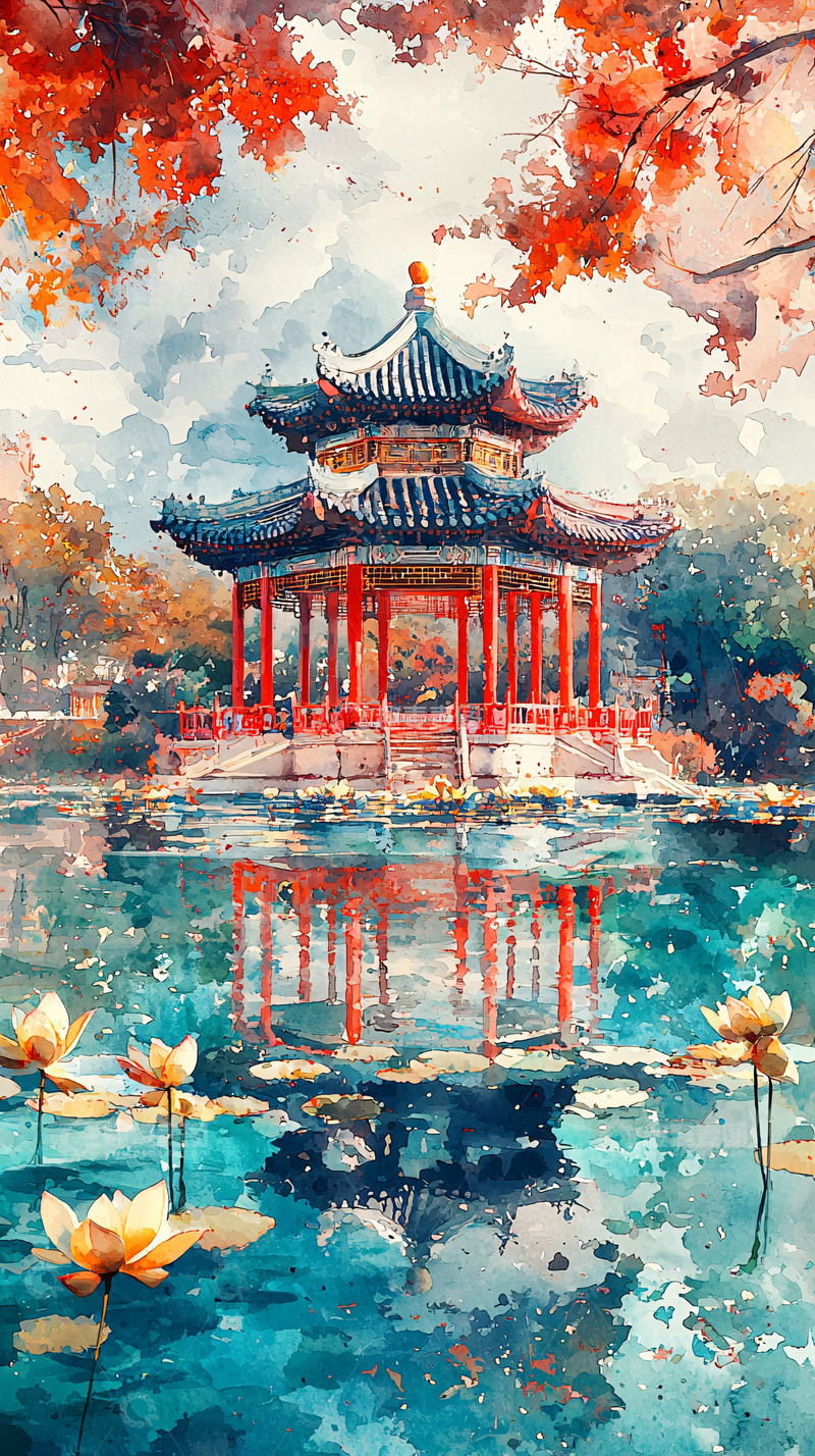 高清大图下载【趣麦麦图】水彩亭台楼阁红叶