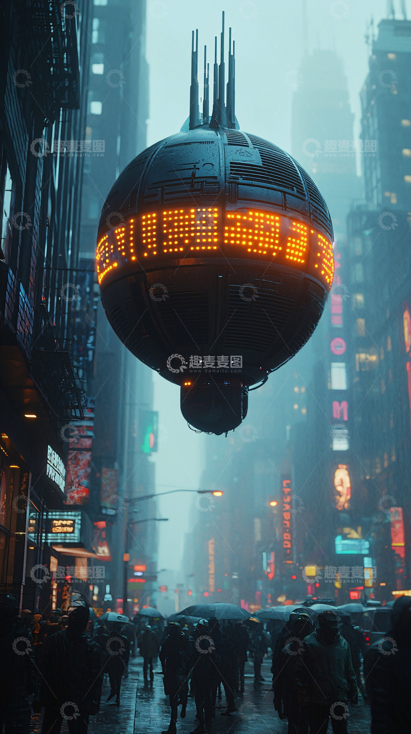 高清大图下载【趣麦麦图】未来都市雨中飞行器