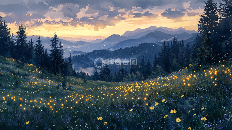 高清大图下载【趣麦麦图】山峦日落萤火花海