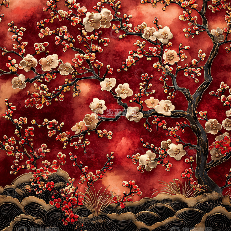 高清大图下载【趣麦麦图】红底梅花图