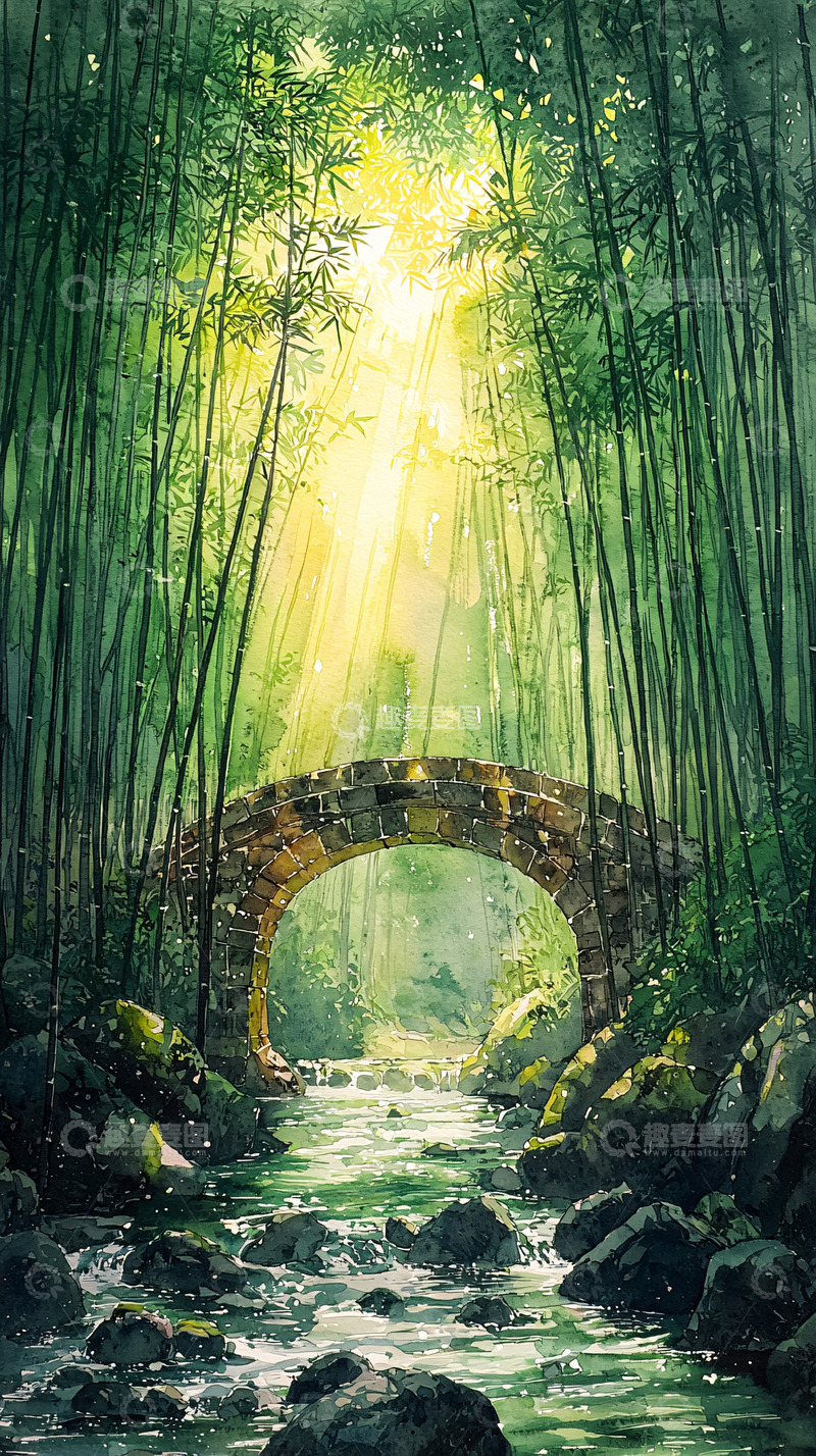 高清大图下载【趣麦麦图】竹林溪流小石桥