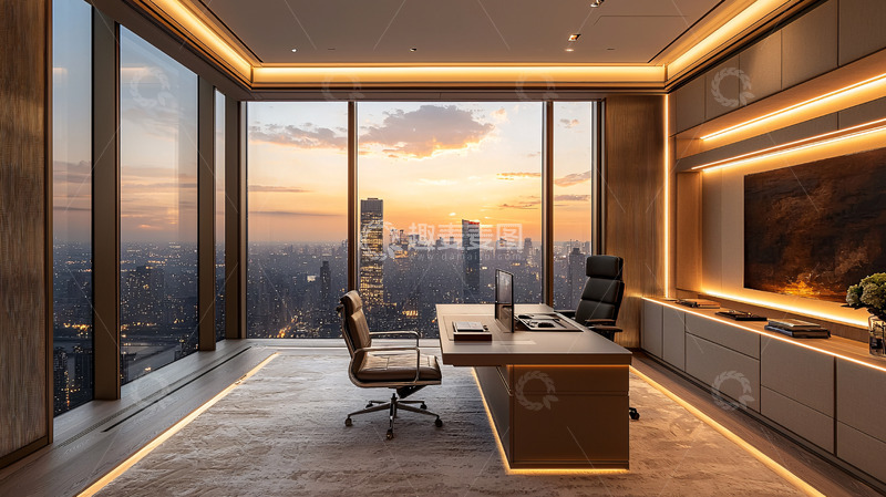 高清大图下载【趣麦麦图】高层办公室夕阳景色
