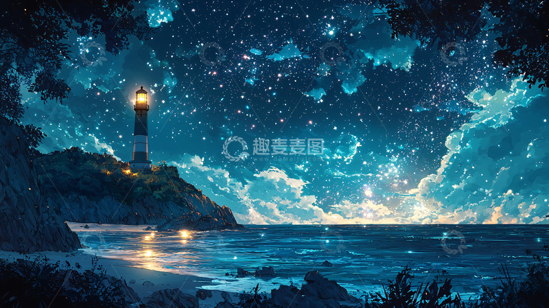 高清大图下载【趣麦麦图】星空大海灯塔