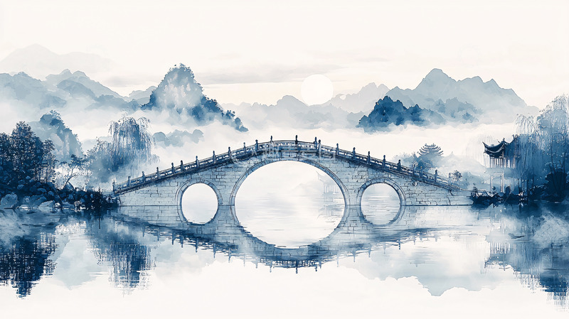 高清大图下载【趣麦麦图】水墨山水桥