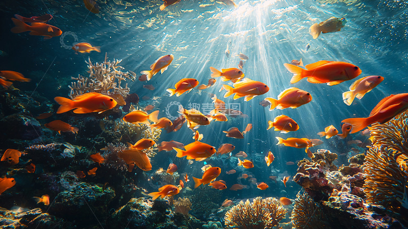 高清大图下载【趣麦麦图】阳光穿透珊瑚礁鱼群