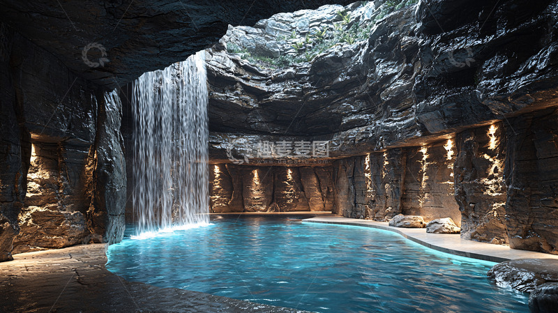 高清大图下载【趣麦麦图】地下瀑布室内泳池