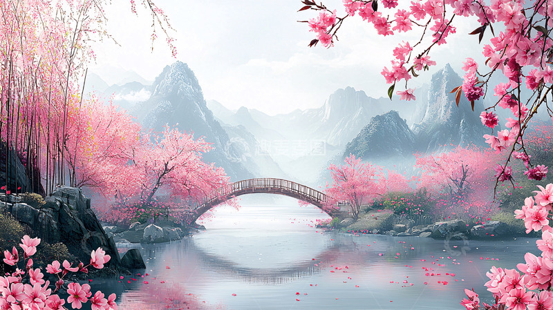 高清大图下载【趣麦麦图】樱花树下的宁静小桥流水