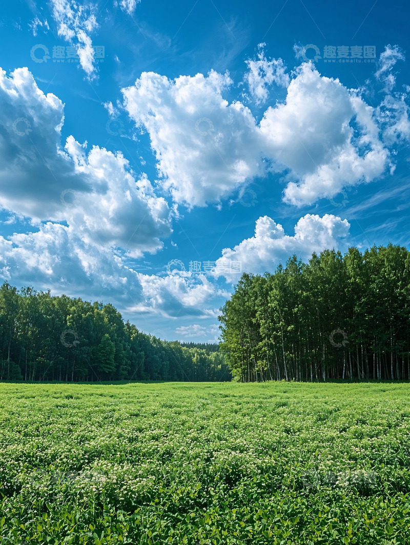 高清大图下载【趣麦麦图】蓝天白云下的绿色田野
