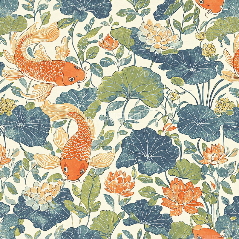 高清大图下载【趣麦麦图】鲤鱼荷花图案