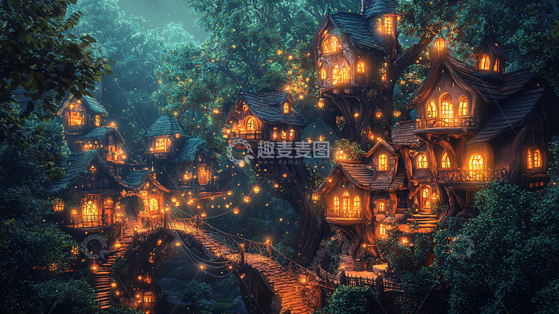 高清大图下载【趣麦麦图】梦幻森林树屋村庄