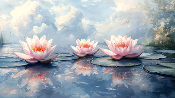 三朵粉色睡莲水面平静倒影