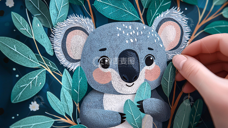 高清大图下载【趣麦麦图】手绘树叶树枝考拉