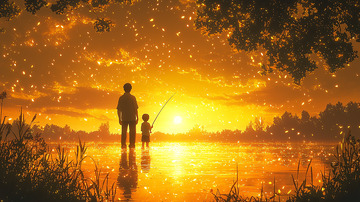 夕阳下父子垂钓