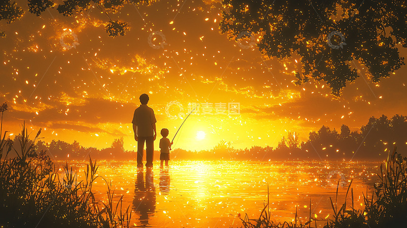 高清大图下载【趣麦麦图】夕阳下父子垂钓