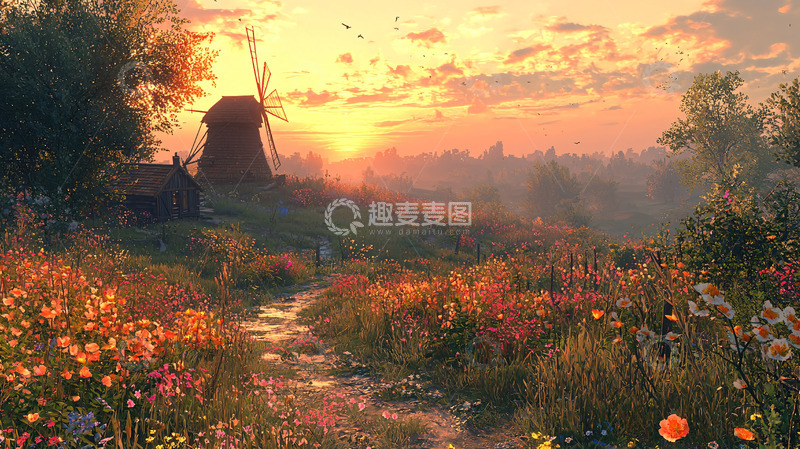 高清大图下载【趣麦麦图】日落下的乡间风车风景