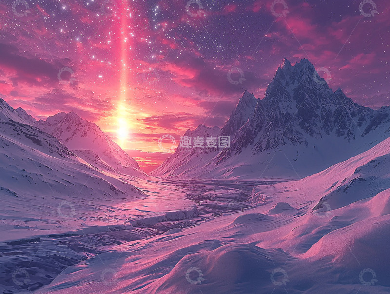 高清大图下载【趣麦麦图】粉色极光下的雪山美景