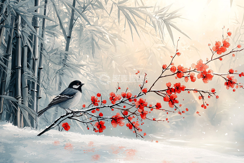 高清大图下载【趣麦麦图】鸟与红梅水墨画