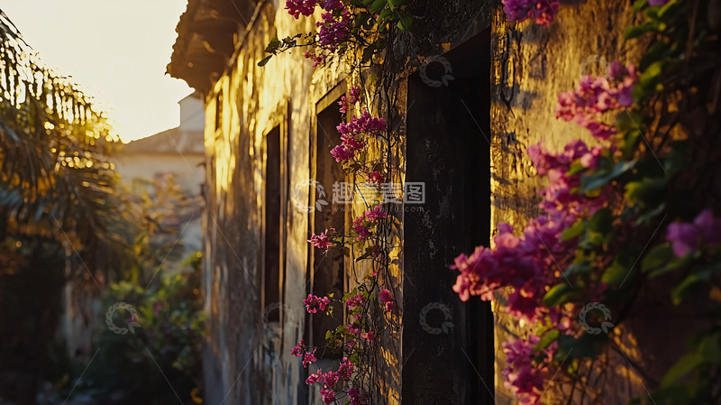 高清大图下载【趣麦麦图】老墙藤蔓紫花夕阳