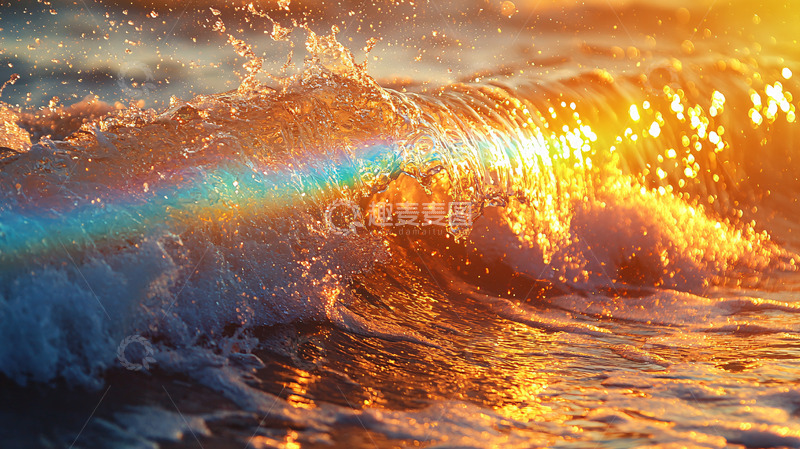 高清大图下载【趣麦麦图】金色阳光下的海浪翻涌