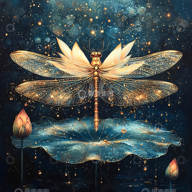 高清大图下载【趣麦麦图】闪耀金光蜻蜓荷花图