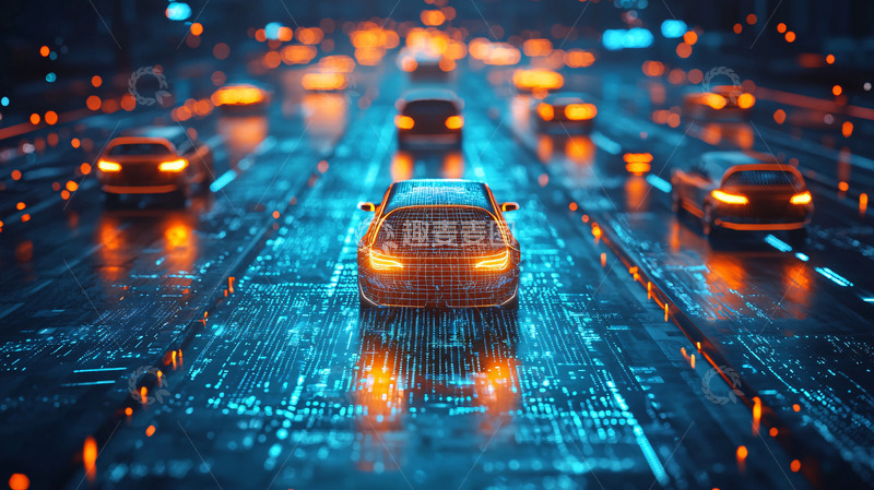 高清大图下载【趣麦麦图】夜间城市道路自动驾驶汽车
