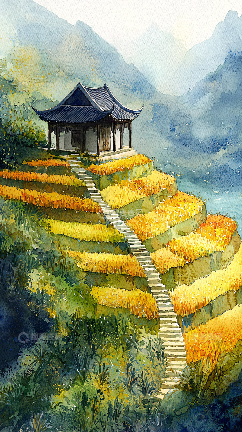 高清大图下载【趣麦麦图】水彩梯田上的古风建筑